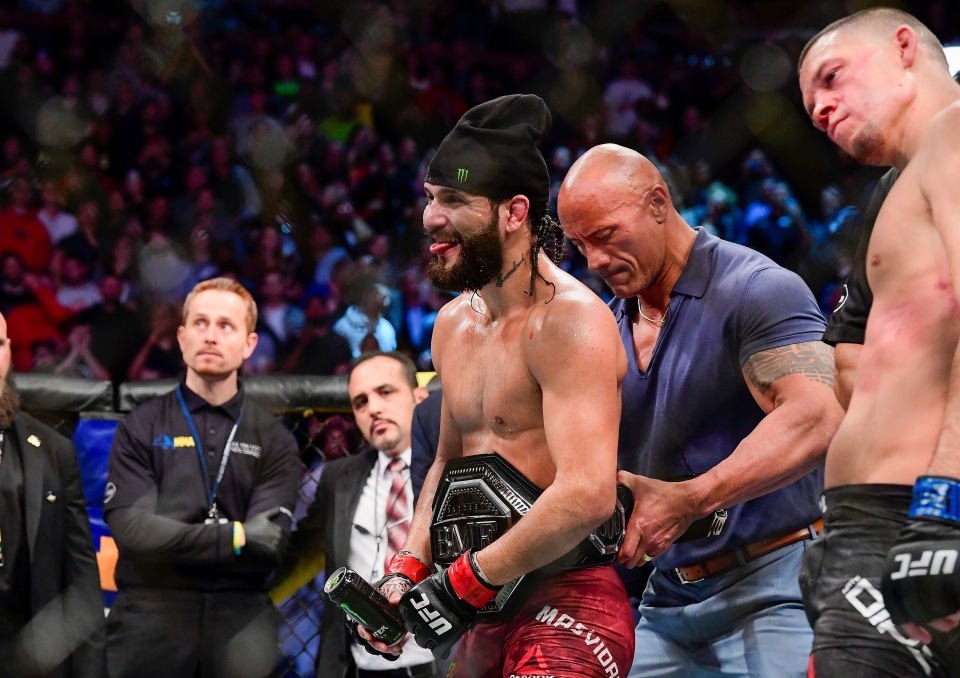 Jorge Masvidal, Dwayne "The Rock" Johnson, and Nate Diaz Jorge Masvidal, Dwayne "The Rock" Johnson, and Nate Diaz