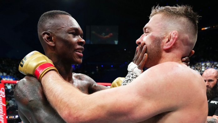Israel Adesanya talking to Dricus Du Plessis at UFC 305