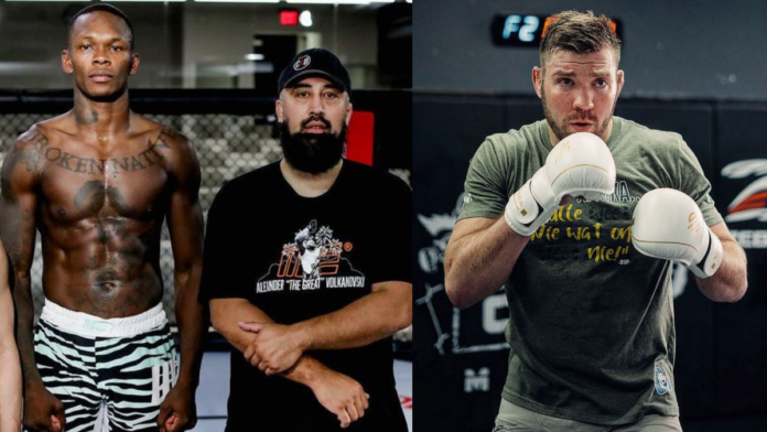 Israel Adesanya with coch Eugene Bareman and Dricus Du Plessis