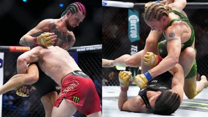 Merab Dvalishvili taking down Sean O'Malley and Valentina Shevchenko on top of Alexa Grasso