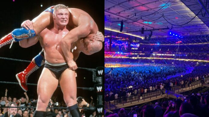 Brock Lesnar holding Kurt Angle at WrestleMania 19 and the Marvel Stadium during UFC 243