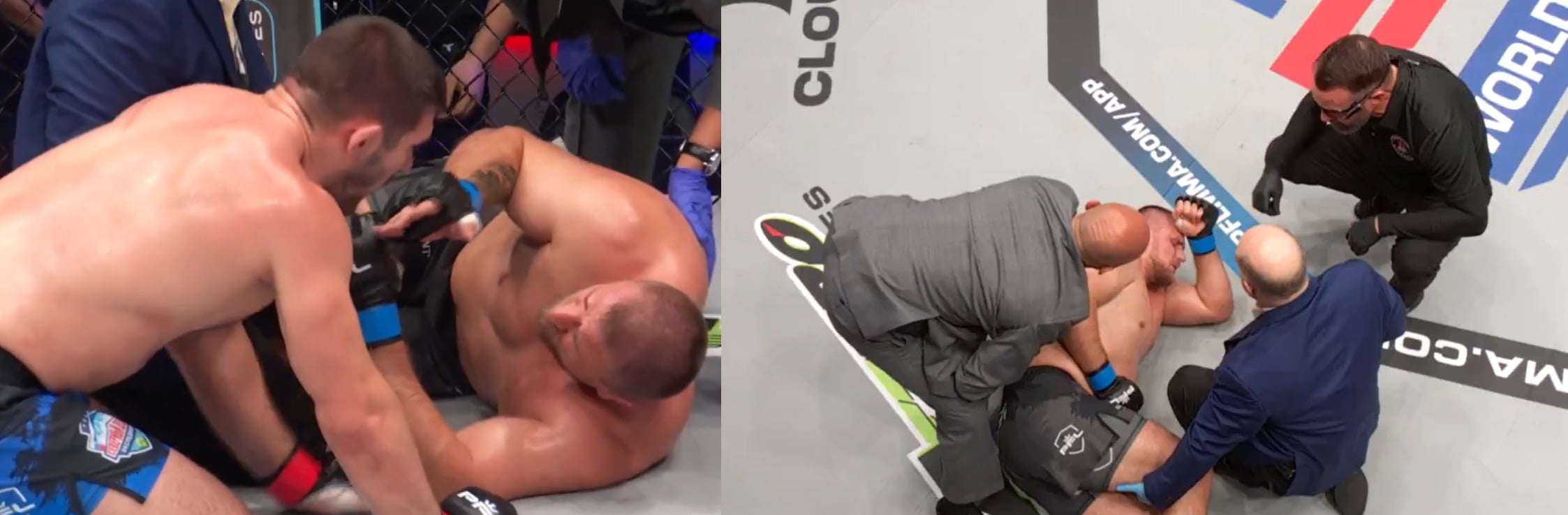 ‘A Stretcher For A Low Blow’ – Fans React As Alexandr Romanov Advances To PFL World Tournament Finals After No Contest, Stretchered Out From Low Blow By Valentin Moldavsky At PFL Chicago