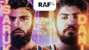 RAF 14 poster showing Arman Tsarukyan and Dillon Danis face to face under the RAF 14 logo
