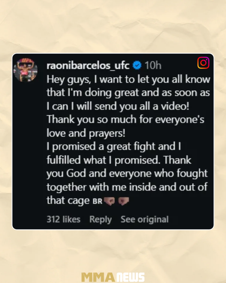 Raoni Barcelos Instagram comment saying he is doing great after UFC Vegas 121