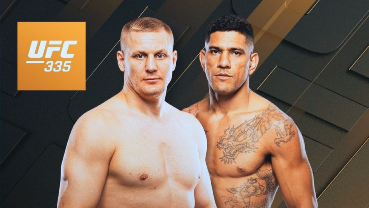 Sergei Pavlovich and Alex Pereira side by side on a UFC 335 promotional graphic
