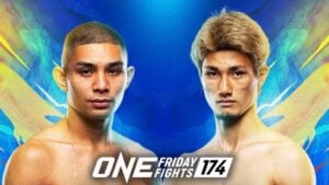 ONE Friday Fights 174 promotional graphic showing two fighters face to face on a blue background