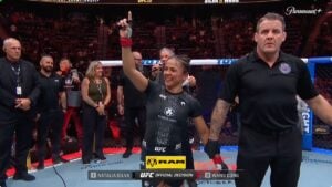 Natalia Silva after winning the vacant UFC women's flyweight title against Wang Cong at UFC 332