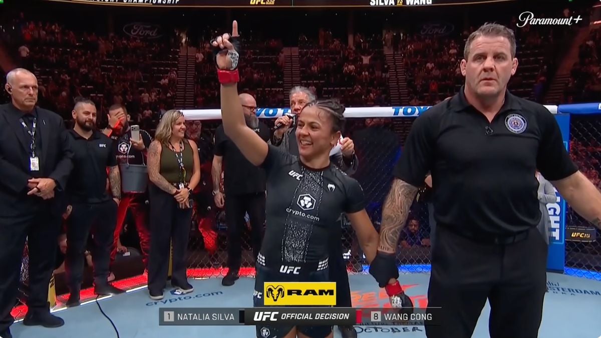 Natalia Silva after winning the vacant UFC women's flyweight title against Wang Cong at UFC 332