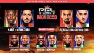 PFL Africa Morocco main card poster featuring Abdoulaye Kane vs. Badr Medkouri and the semifinal matchups in Casablanca
