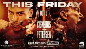 BKFC Fight Night Bethlehem poster of Gregoris Cisneros and Ryan Petersen with arms raised for their October 9 main event at Wind Creek Event Center