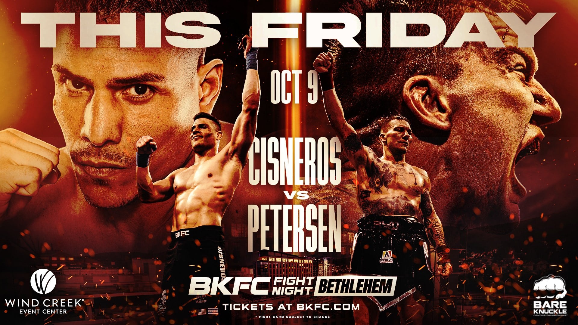 BKFC Fight Night Bethlehem poster of Gregoris Cisneros and Ryan Petersen with arms raised for their October 9 main event at Wind Creek Event Center