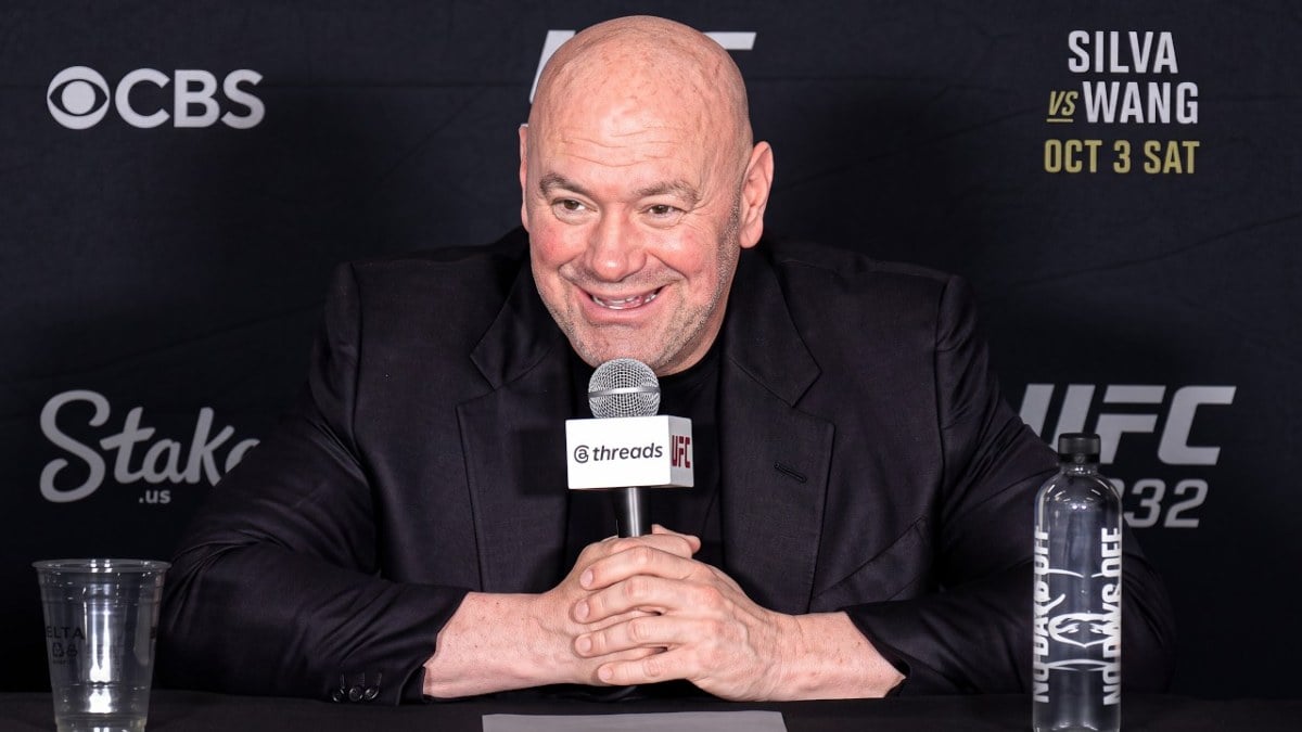 Dana White smiling at the UFC 332 post-fight press conference