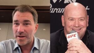 Eddie Hearn speaking to the camera beside Dana White smiling at a UFC press conference microphone