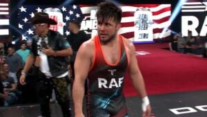 Henry Cejudo in an RAF singlet at a Real American Freestyle event