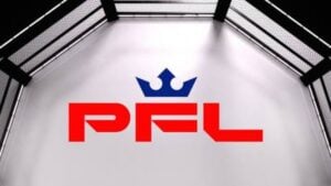 Red and blue PFL logo on the canvas of an empty PFL SmartCage