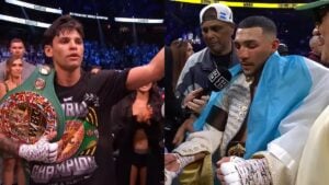 Ryan Garcia holding the WBC welterweight title belt in the ring, left, and Teofimo Lopez draped in a flag during a post-fight interview, right