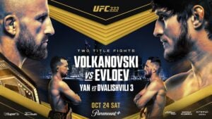 UFC 333 poster showing Alexander Volkanovski and Movsar Evloev face to face, with Petr Yan and Merab Dvalishvili below