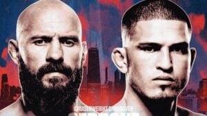 Donald Cerrone and Anthony Pettis face off on the RAF 15 poster against a Chicago skyline