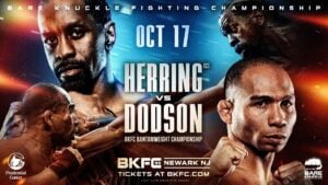BKFC 95 Newark poster with champion Jamel Herring and John Dodson for their Oct. 17 bantamweight title fight at Prudential Center