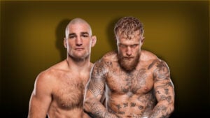 Sean Strickland and Jake Paul side by side against a gold background