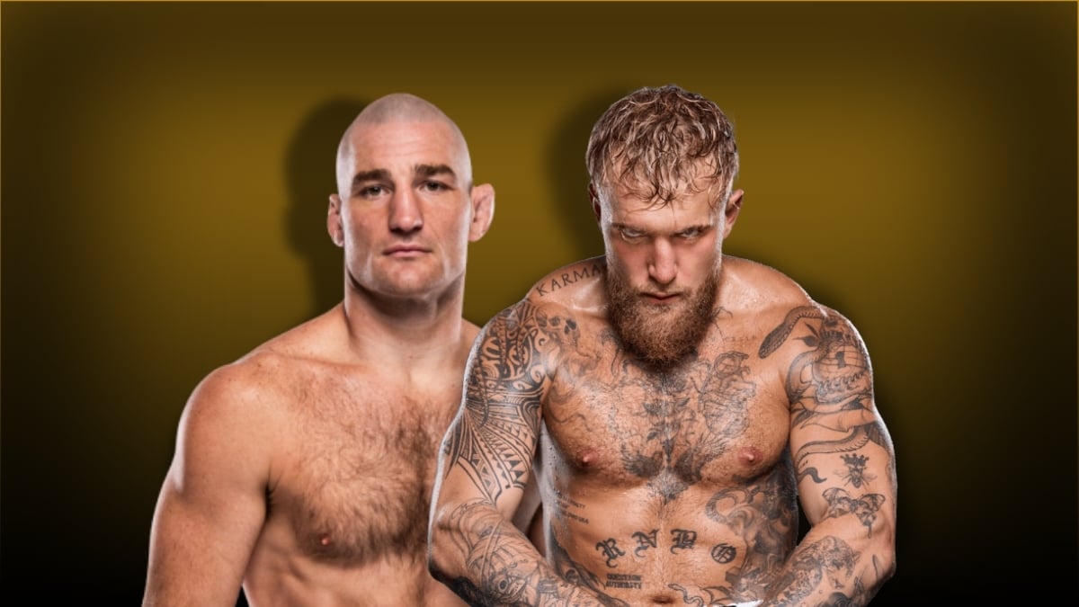 Sean Strickland and Jake Paul side by side against a gold background